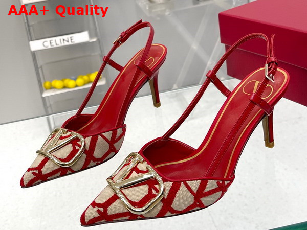 Valentino Garavani Vlogo Signature Slingback Pump in Toile Iconographe 80mm Beige and Red Replica