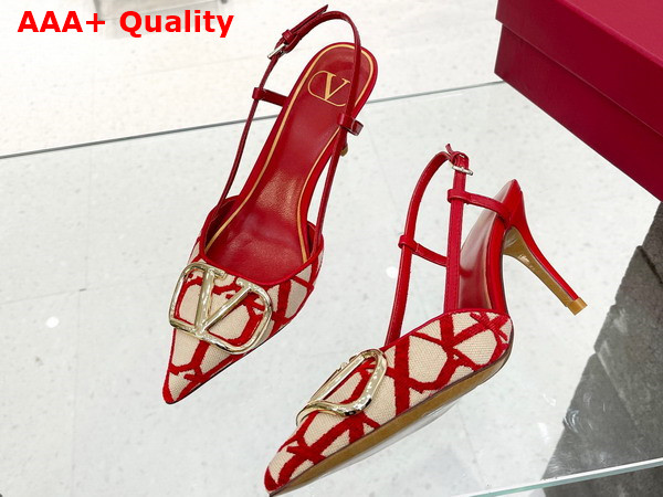 Valentino Garavani Vlogo Signature Slingback Pump in Toile Iconographe 80mm Beige and Red Replica