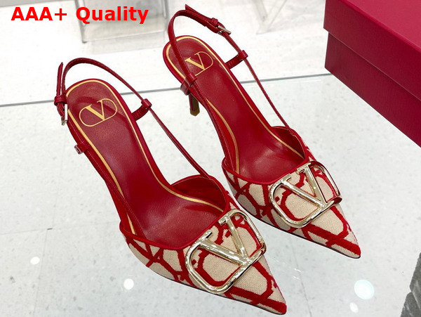 Valentino Garavani Vlogo Signature Slingback Pump in Toile Iconographe 80mm Beige and Red Replica