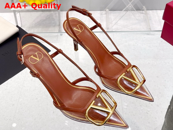 Valentino Garavani Vlogo Signature Slingback Pump in Transparent Polymer Material 80mm Saddle Brown and Transparent Replica