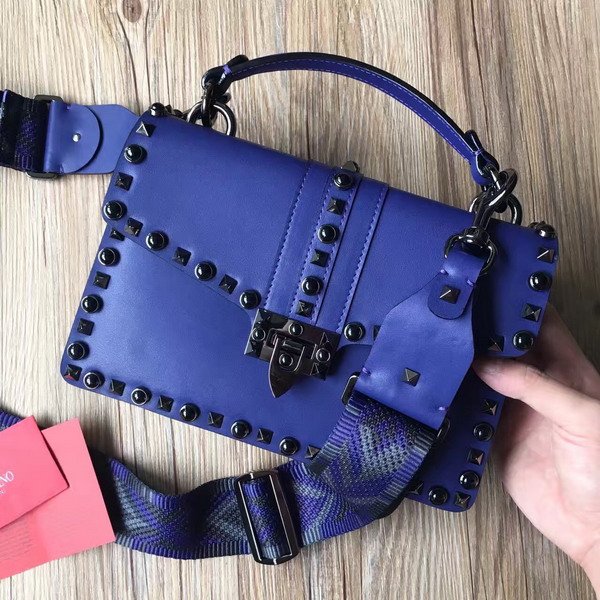 Valentino Guitar Rockstud Rolling Single Handle Bag in Blue Cowhide Leather for Sale