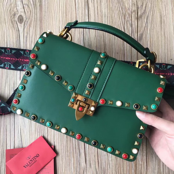 Valentino Guitar Rockstud Rolling Single Handle Bag in Green Cowhide Leather for Sale