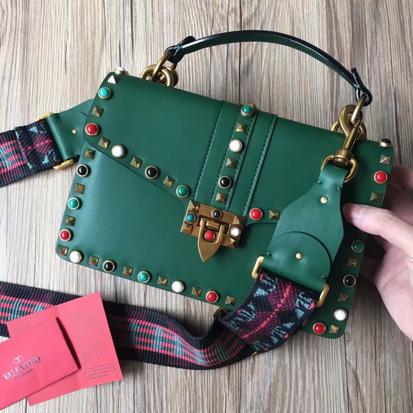 Valentino Guitar Rockstud Rolling Single Handle Bag in Green Cowhide Leather for Sale