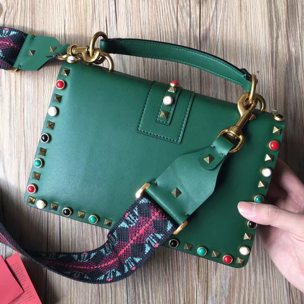 Valentino Guitar Rockstud Rolling Single Handle Bag in Green Cowhide Leather for Sale