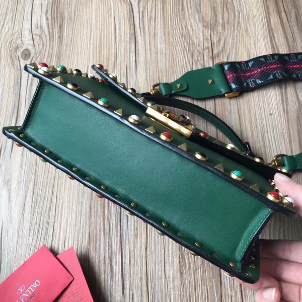 Valentino Guitar Rockstud Rolling Single Handle Bag in Green Cowhide Leather for Sale