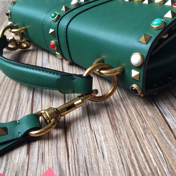 Valentino Guitar Rockstud Rolling Single Handle Bag in Green Cowhide Leather for Sale