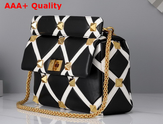 Valentino Large Roman Stud The Shoulder Bag in Nappa with Grid Detailing Black and Ivory Replica