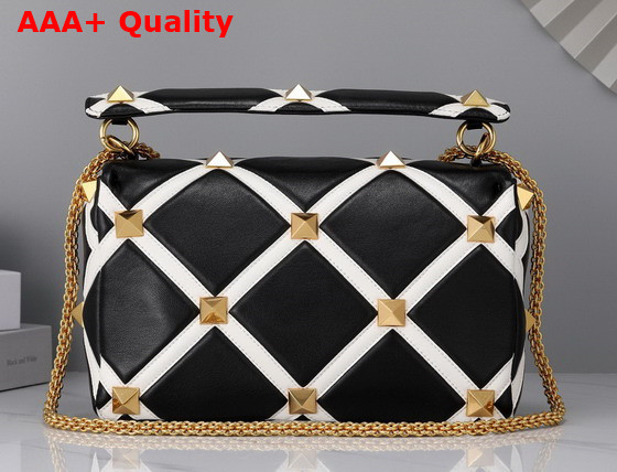 Valentino Large Roman Stud The Shoulder Bag in Nappa with Grid Detailing Black and Ivory Replica