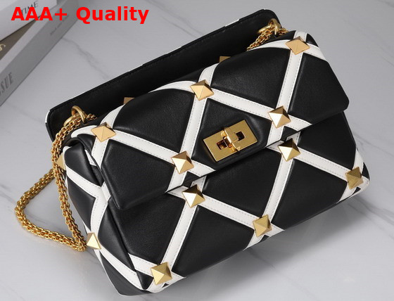 Valentino Large Roman Stud The Shoulder Bag in Nappa with Grid Detailing Black and Ivory Replica