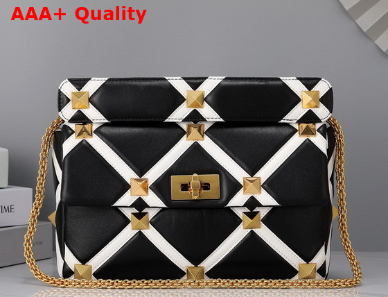 Valentino Large Roman Stud The Shoulder Bag in Nappa with Grid Detailing Black and Ivory Replica