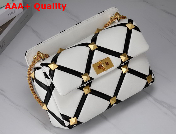 Valentino Large Roman Stud The Shoulder Bag in Nappa with Grid Detailing Ivory and Black Replica