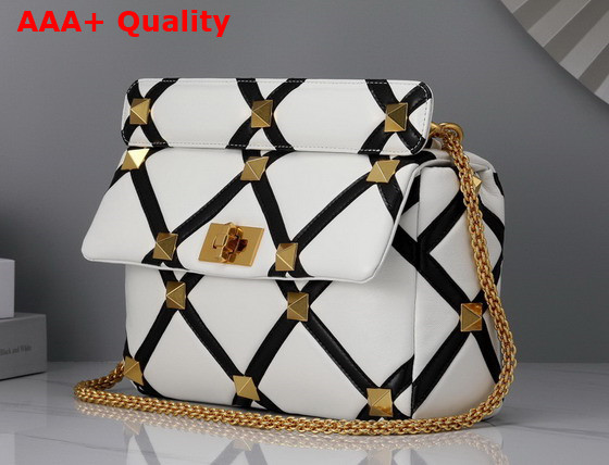 Valentino Large Roman Stud The Shoulder Bag in Nappa with Grid Detailing Ivory and Black Replica