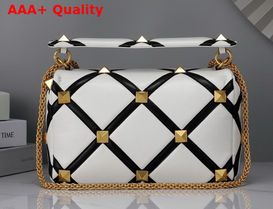 Valentino Large Roman Stud The Shoulder Bag in Nappa with Grid Detailing Ivory and Black Replica