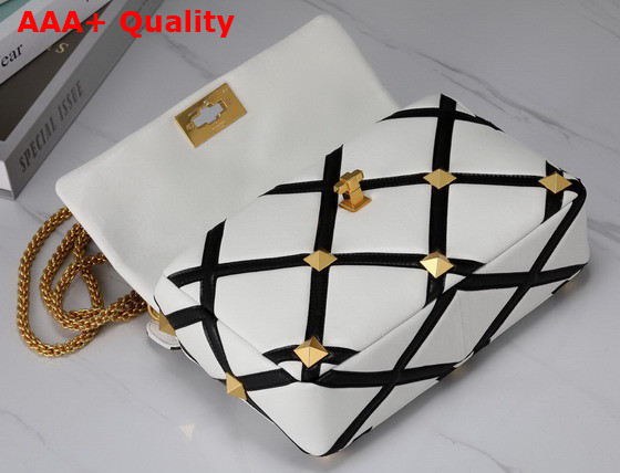 Valentino Large Roman Stud The Shoulder Bag in Nappa with Grid Detailing Ivory and Black Replica