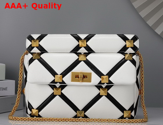 Valentino Large Roman Stud The Shoulder Bag in Nappa with Grid Detailing Ivory and Black Replica