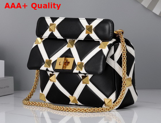 Valentino Medium Roman Stud The Shoulder Bag in Nappa with Grid Detailing Black and Ivory Replica