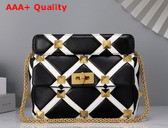 Valentino Medium Roman Stud The Shoulder Bag in Nappa with Grid Detailing Black and Ivory Replica