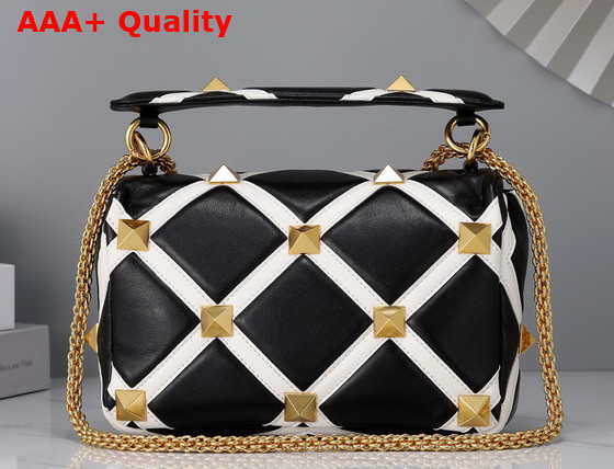 Valentino Medium Roman Stud The Shoulder Bag in Nappa with Grid Detailing Black and Ivory Replica