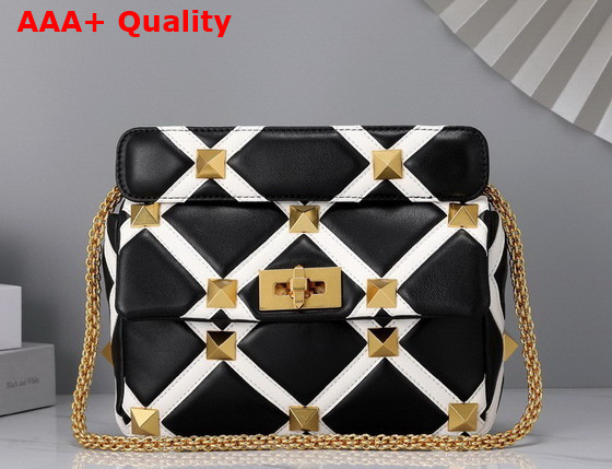 Valentino Medium Roman Stud The Shoulder Bag in Nappa with Grid Detailing Black and Ivory Replica