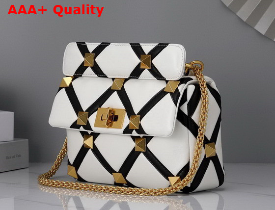 Valentino Medium Roman Stud The Shoulder Bag in Nappa with Grid Detailing Ivory and Black Replica