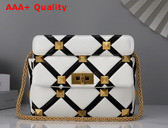 Valentino Medium Roman Stud The Shoulder Bag in Nappa with Grid Detailing Ivory and Black Replica