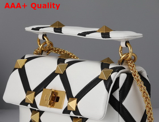 Valentino Medium Roman Stud The Shoulder Bag in Nappa with Grid Detailing Ivory and Black Replica