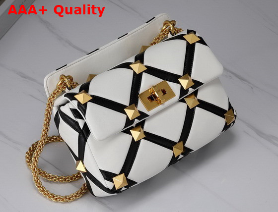 Valentino Medium Roman Stud The Shoulder Bag in Nappa with Grid Detailing Ivory and Black Replica