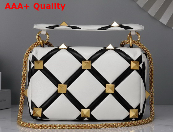 Valentino Medium Roman Stud The Shoulder Bag in Nappa with Grid Detailing Ivory and Black Replica