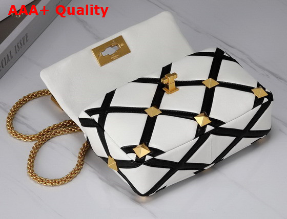 Valentino Medium Roman Stud The Shoulder Bag in Nappa with Grid Detailing Ivory and Black Replica