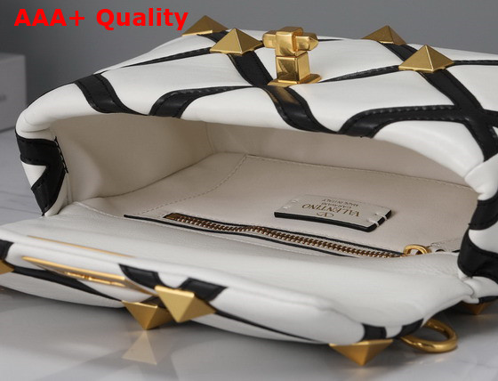 Valentino Medium Roman Stud The Shoulder Bag in Nappa with Grid Detailing Ivory and Black Replica