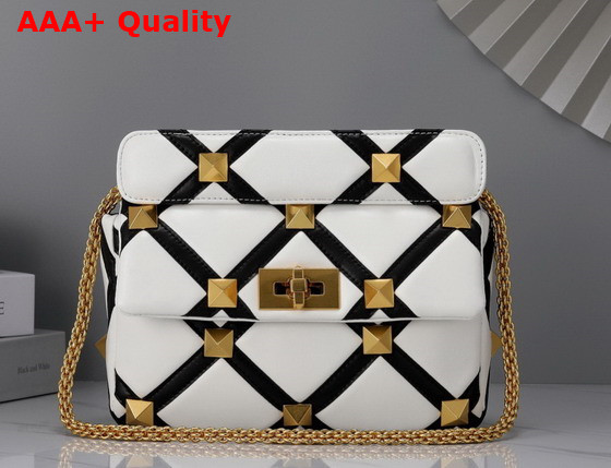 Valentino Medium Roman Stud The Shoulder Bag in Nappa with Grid Detailing Ivory and Black Replica