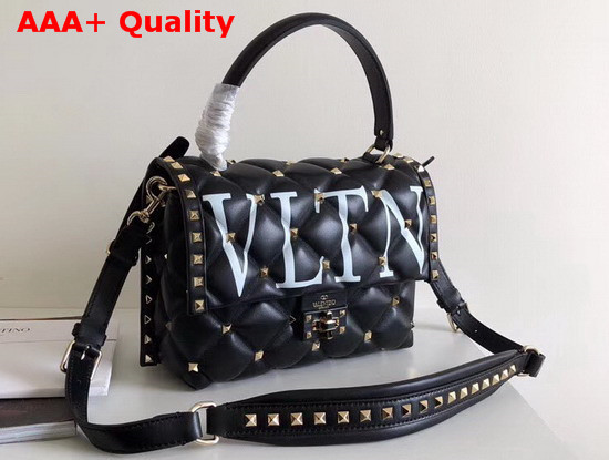 Valentino Medium VLTN Candystud Top Handle Bag in Black with White VLTN Print Replica