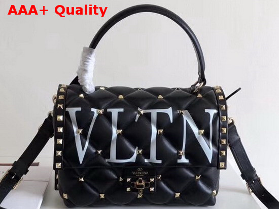 Valentino Medium VLTN Candystud Top Handle Bag in Black with White VLTN Print Replica