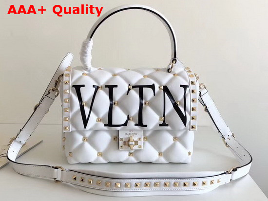 Valentino Medium VLTN Candystud Top Handle Bag in White with Black VLTN Print Replica