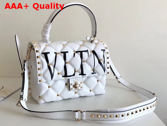 Valentino Medium VLTN Candystud Top Handle Bag in White with Black VLTN Print Replica