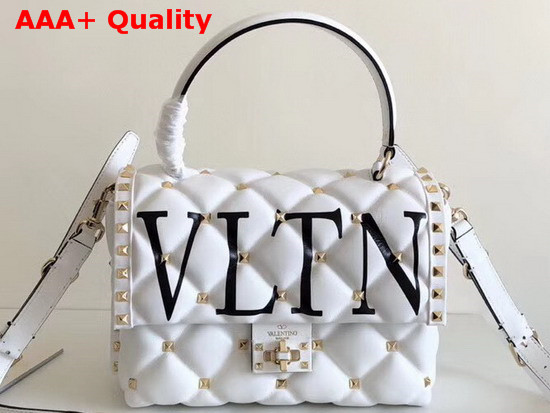 Valentino Medium VLTN Candystud Top Handle Bag in White with Black VLTN Print Replica