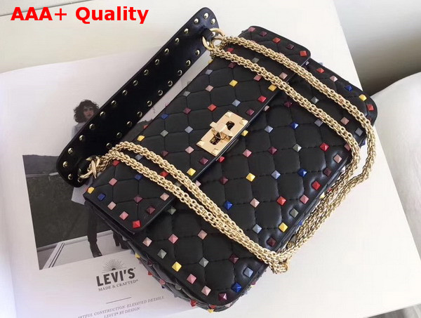 Valentino Multicolor Rockstud Spike Medium Chain Bag in Black Soft Lambskin Leather Replica