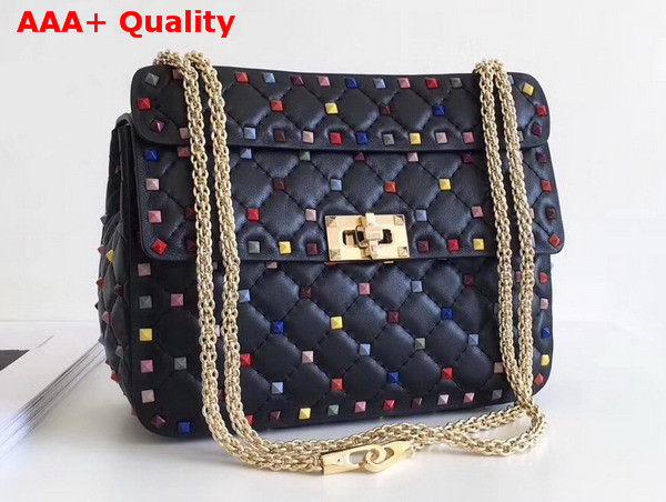 Valentino Multicolor Rockstud Spike Medium Chain Bag in Black Soft Lambskin Leather Replica