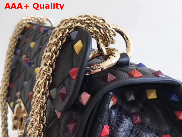 Valentino Multicolor Rockstud Spike Medium Chain Bag in Black Soft Lambskin Leather Replica