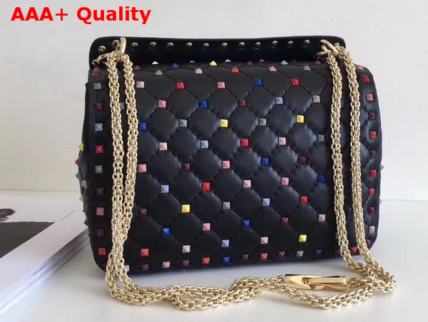 Valentino Multicolor Rockstud Spike Medium Chain Bag in Black Soft Lambskin Leather Replica