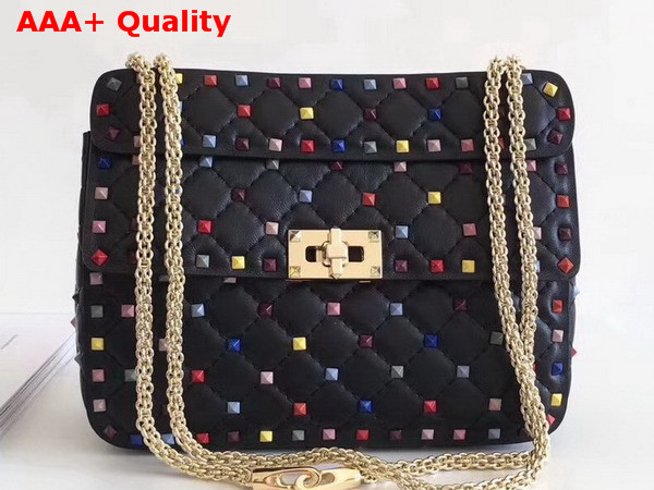 Valentino Multicolor Rockstud Spike Medium Chain Bag in Black Soft Lambskin Leather Replica