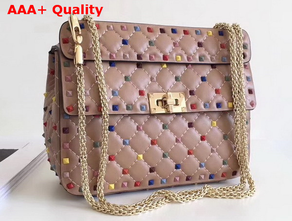 Valentino Multicolor Rockstud Spike Medium Chain Bag in Nude Soft Lambskin Leather Replica