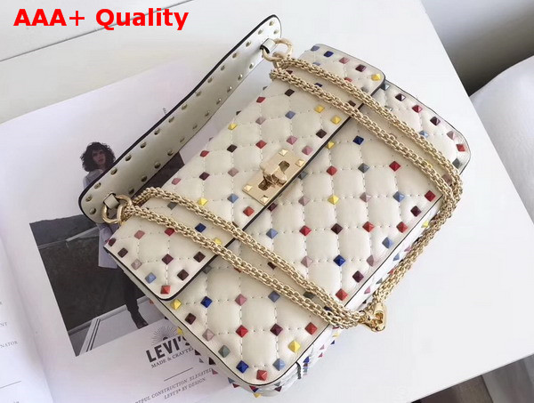 Valentino Multicolor Rockstud Spike Medium Chain Bag in White Soft Lambskin Leather Replica