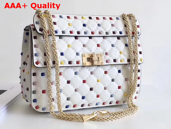 Valentino Multicolor Rockstud Spike Medium Chain Bag in White Soft Lambskin Leather Replica