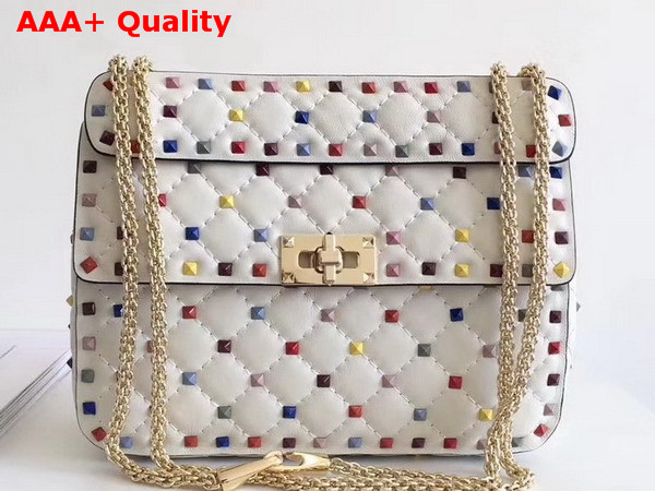 Valentino Multicolor Rockstud Spike Medium Chain Bag in White Soft Lambskin Leather Replica