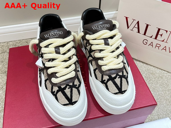 Valentino One Stud XL Low Top Sneaker in Nappa Leather and Toile Iconographe Fabric Beige and Black Replica