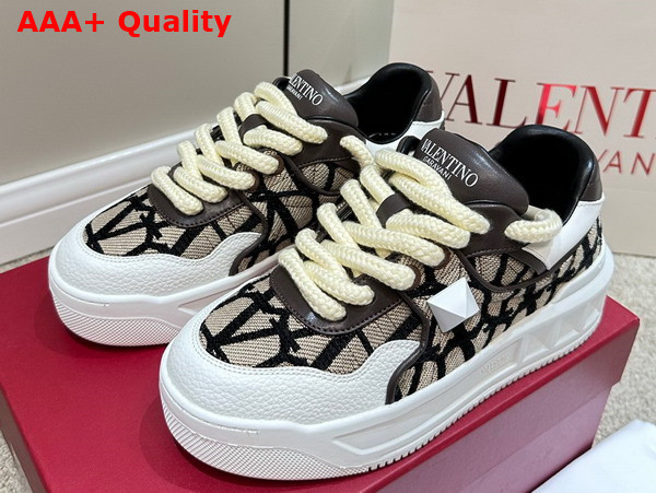 Valentino One Stud XL Low Top Sneaker in Nappa Leather and Toile Iconographe Fabric Beige and Black Replica