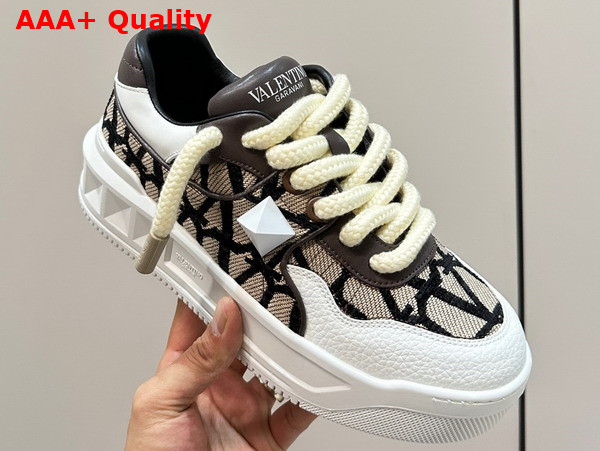 Valentino One Stud XL Low Top Sneaker in Nappa Leather and Toile Iconographe Fabric Beige and Black Replica