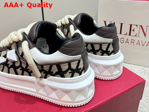 Valentino One Stud XL Low Top Sneaker in Nappa Leather and Toile Iconographe Fabric Beige and Black Replica