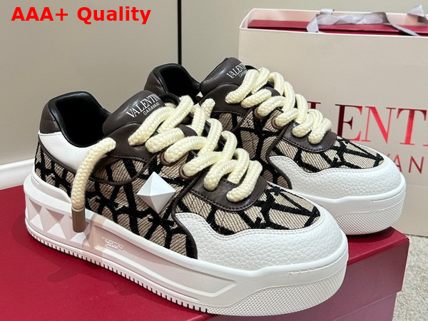 Valentino One Stud XL Low Top Sneaker in Nappa Leather and Toile Iconographe Fabric Beige and Black Replica